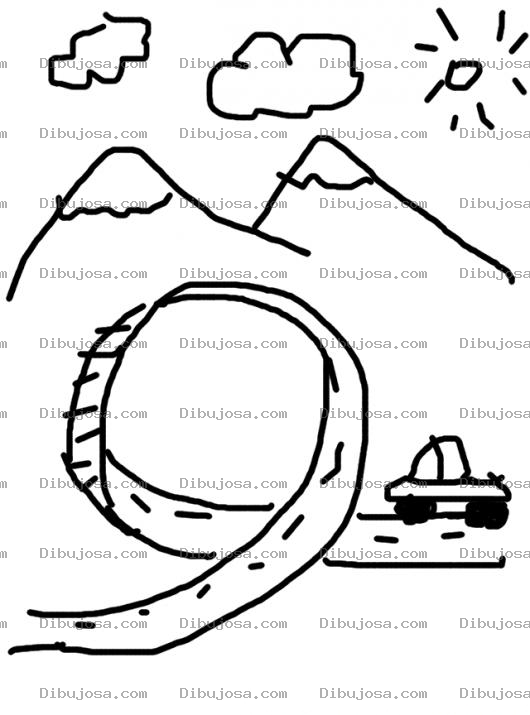 Dibujo para colorear Dibujo De Una Pista Mortal De Carros  En Frente De Montanas Para Colorear Pista De Acrobacia