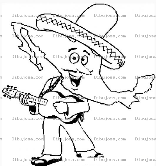 Dibujo para colorear Colorear a Mexico con somrero de charro y tocando guitarra
