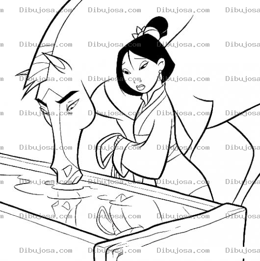Dibujo para colorear Dibujo De Mulan Con Su Caballo Para Colorear