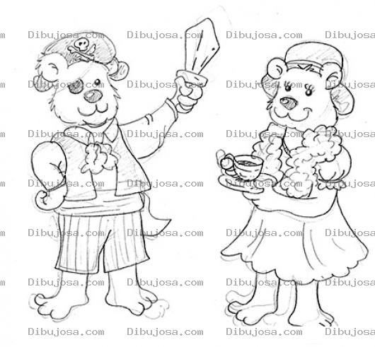 Dibujo para colorear Colorear Oso Pirata Con Espada Al Lado De Su Esposa Osa Quien Esta Sosteniendo Una Tacita De Te Para Pintar