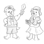 Dibujo para colorear Colorear Oso Pirata Con Espada Al Lado De Su Esposa Osa Quien Esta Sosteniendo Una Tacita De Te Para Pintar