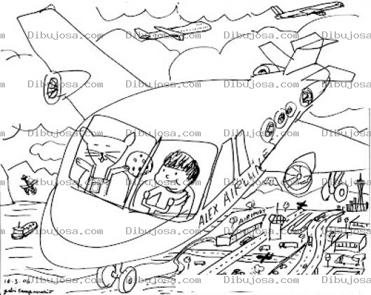 Dibujo para colorear Dibujo De Avion Volando Sobre La Ciudad Con Un Gato De Copiloto Para Pintar Y Colorear