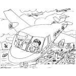 Dibujo para colorear Dibujo De Avion Volando Sobre La Ciudad Con Un Gato De Copiloto Para Pintar Y Colorear