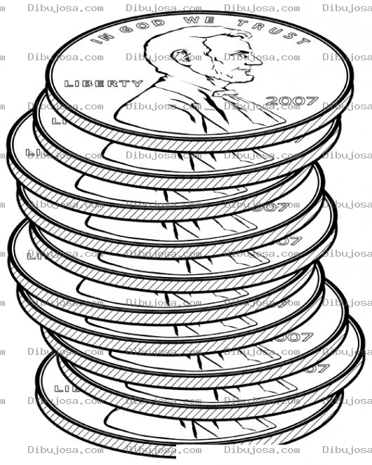 Dibujo para colorear 10 Centavos De Estados Unidos Para Pintar Y Colorear Dibujo De 10 Monedas De Cobre De 10 Centavos Norteamericanos Formando Una Pila De Fichas