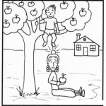 Dibujo para colorear Newton Con Su Hijo En El Arbol De Manzanas Para Pintar Y Colorear newton gravedad
