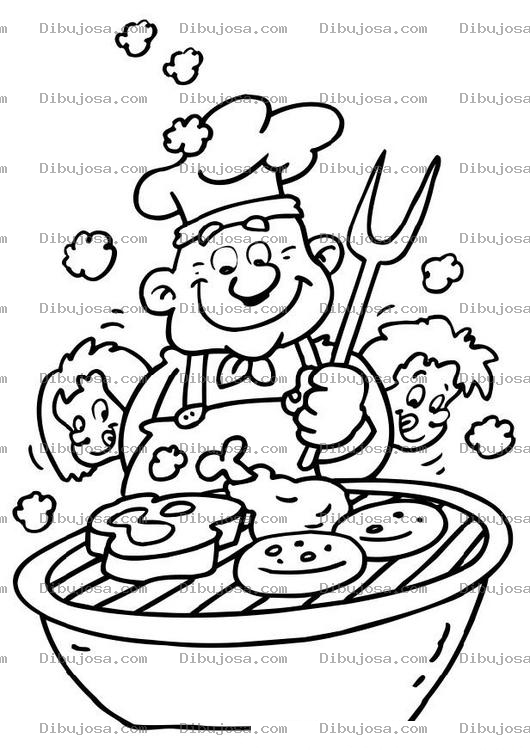 Dibujo para colorear Dibujo De Papa Cocinando Pollo Y Carne Asada En Un Parilla Con Sus Hijos Atras Para Colorear