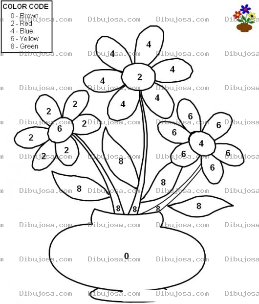 Dibujo para colorear Pintar Por Numeros Con Colores En Ingles El Dibujo De Un Florero Con 3 Flores Para Colorear