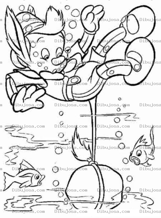 Dibujo para colorear Colorear a Pinocho en el fondo del mar