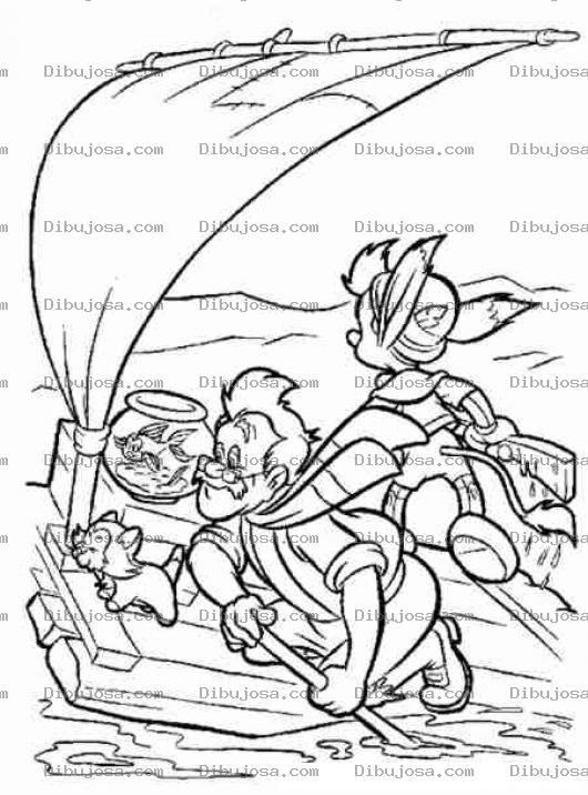 Dibujo para colorear Pinocho sobre una balsa en altamar