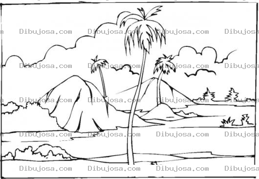 Dibujo para colorear Colorear paisaje con palmeras