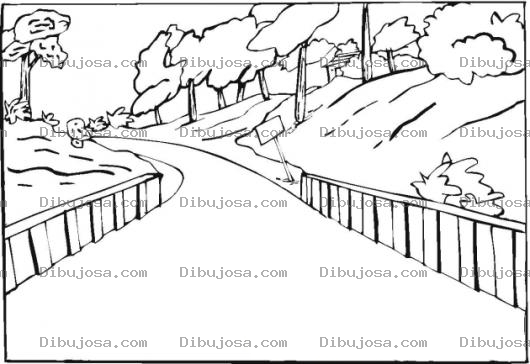 Dibujo para colorear Colorear paisaje de un puente y un camino