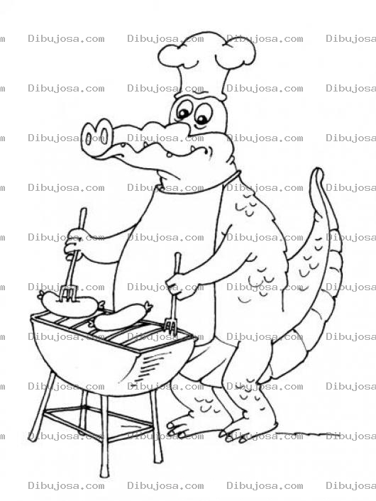Dibujo para colorear Cocodrilo Cocinero Dibujo De Un Lagarto Cheff Haciendo Un Asado De Salchichas Y Longanizas Para Pintar Y Colorear