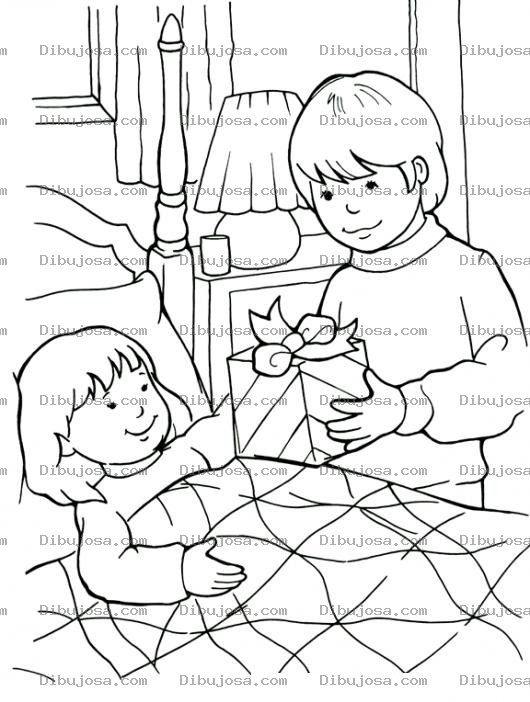 Dibujo para colorear Dibujo De Hermanito Llevando Un Regalo A Su Hermanita Enferma En Cama Para Pintar Y Colorear Amor De Hermanos