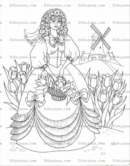Dibujo para colorear Dibujo De Princesa Colocha En Un Jardin De Flores Para Pintar Y Colorear