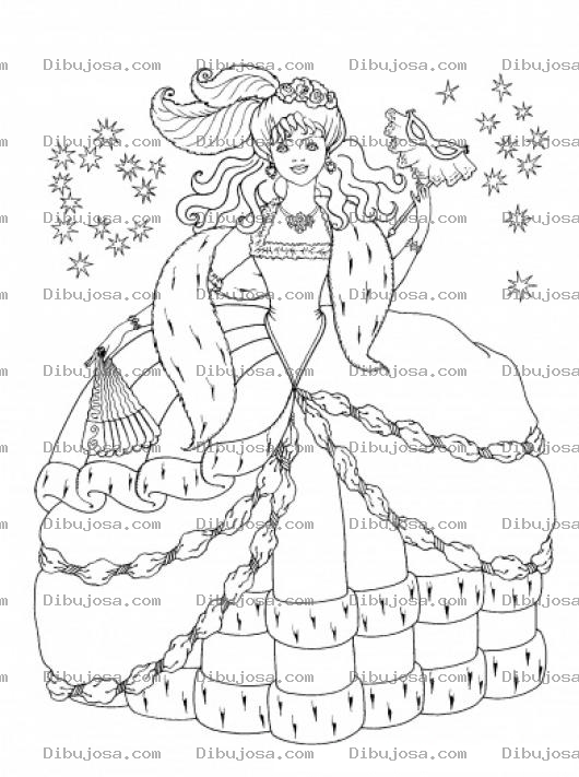Dibujo para colorear Dibujo De Una Princesa En Fiesta De Disfraces Con Antifaz Y Un Vestido Divino Para Pintar Y Colorear