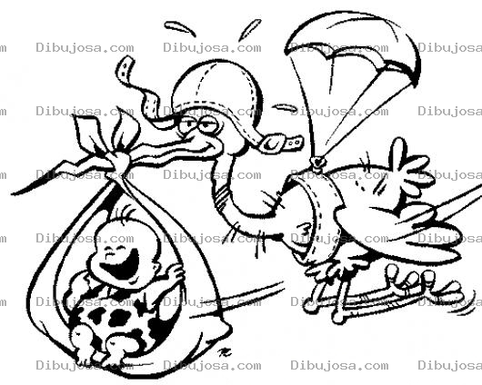 Dibujo para colorear Cigunea Con Paracaidas Para Pintar Y Colorear Ciguena Paracaidista Con Un Bebe