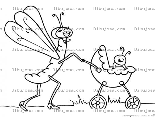 Dibujo para colorear Mama Mariposa Con Su Bebe Mariposito En Un Carruaje Para Pintar Y Colorear