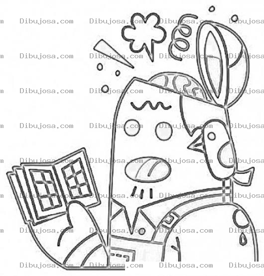 Dibujo para colorear Robot Con Pajarito Leyendo Un Librito Para Pintar Y Colorear