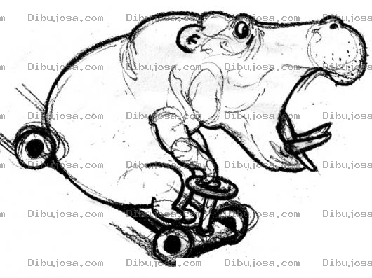 Dibujo para colorear Hipopotamo En Go Karts Para Pintar Y Colorear Carrito Kart Con Un Hipopotamote En Bajada Manejando En Loops