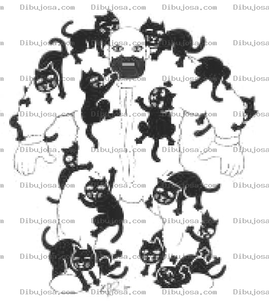 Dibujo para colorear El Amo De Los Gatos Dibujo De Un Hombre Lleno De Gatos Negros Para Pintar Y Colorear Gatero