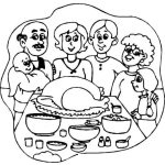 Dibujo para colorear Cena De Accion De Gracias Dibujo De Una Familia Reunida Para Celebrar El Dia De Accion De Gracias Con Un Delicioso Pavo Horneado Para Colorear