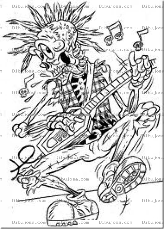Dibujo para colorear Calavera Roquera Para Pintar Y Colorear Esqueleto Con Guitarra De Rock
