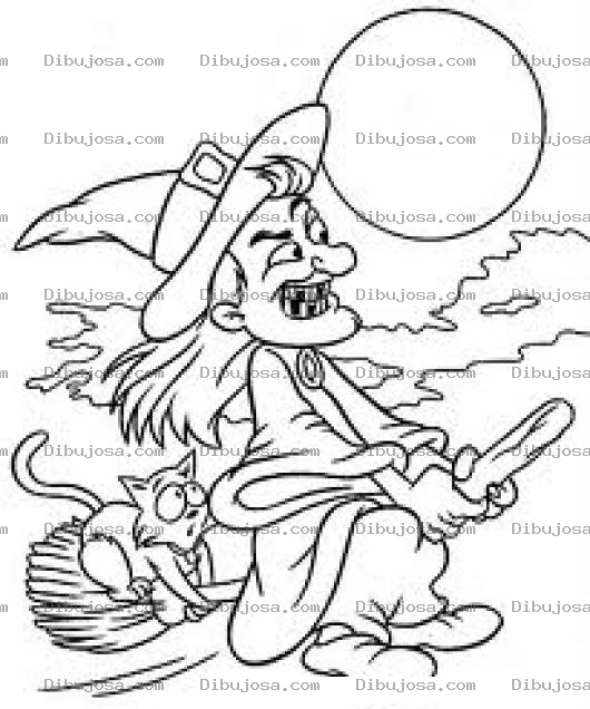 Dibujo para colorear Dibujo De Una Bruja Volando En Una Escoba Feliz Con Un Gato Que Tiene Mucho Miedo Para Pintar Y Colorear