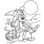 Dibujo para colorear Dibujo De Una Bruja Volando En Una Escoba Feliz Con Un Gato Que Tiene Mucho Miedo Para Pintar Y Colorear