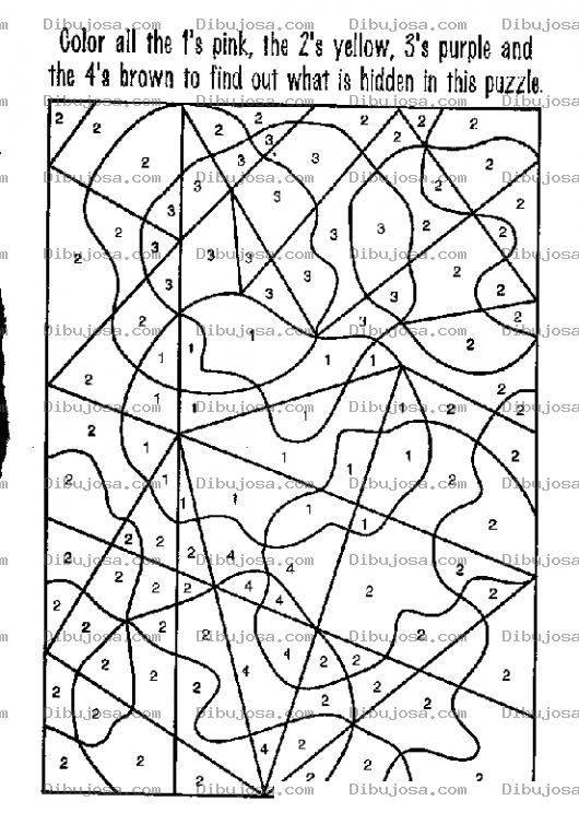 Dibujo para colorear Dibujo De Figura Oculta Para Colorear Por Numeros En Ingles Y Encontrar El Dibujo Escondido 1rosado 2amarillo 3morado Y 4cafe
