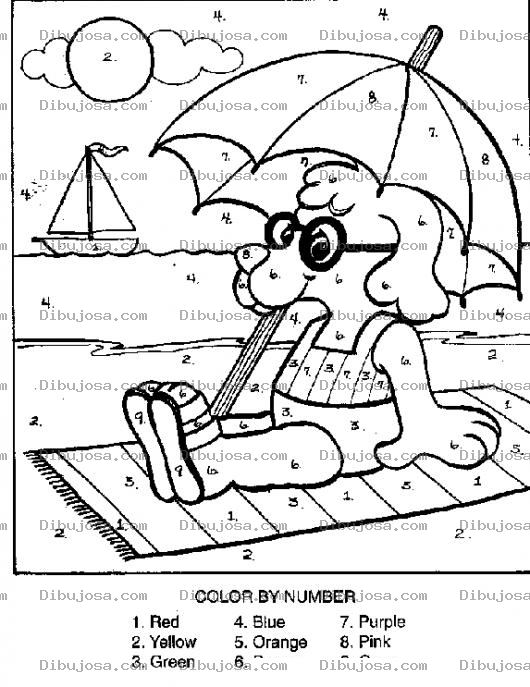 Dibujo para colorear Dibujo Para Pintar Por Numeros En Ingles Una Perrita En La Playa 1rojo 2amarillo 3verde 4azul 5naranja 6cafe 7morado 8rosado Y 9gris