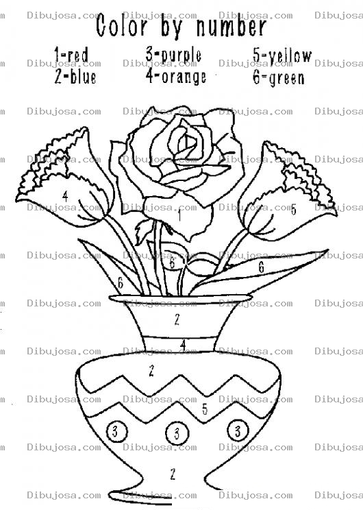 Dibujo para colorear Colorear Por Numeros En Ingles Florero De 6 Colores Con Colores Traducidos 1rojo 2azul 3morado 4naranja 5amarillo Y 6verde