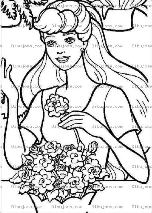 Dibujo para colorear Barbie cortando rosas