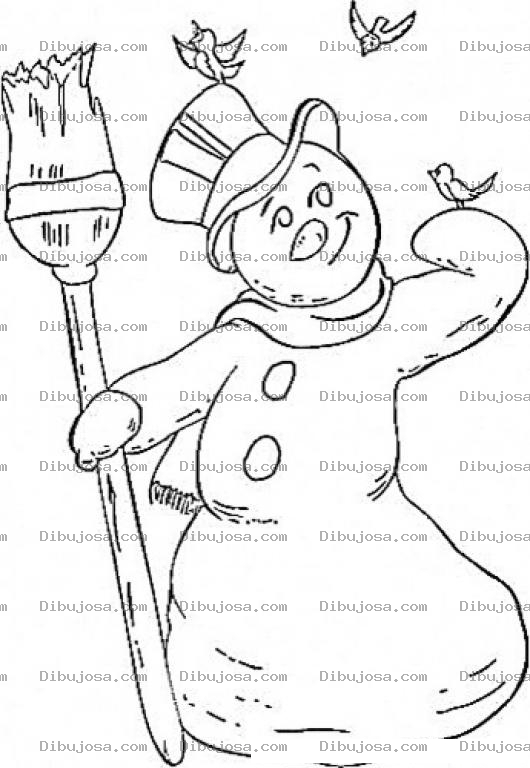 Dibujo para colorear Colorear Snowman Con Sombrero Escoba Y Pajaritos