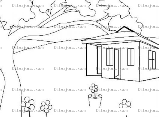 Dibujo para colorear Dibujo De Una Casita De Campo Con Arbol Y Flores Para Pintar Y Colorear