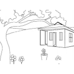 Dibujo para colorear Dibujo De Una Casita De Campo Con Arbol Y Flores Para Pintar Y Colorear