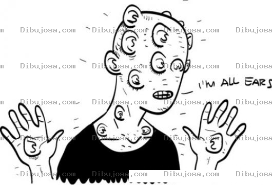 Dibujo para colorear Soy Todo Oidos Dibujo De Un Muchacho Deforme Lleno De Orejas En Todo El Cuerpo Para Pintar Y Colorear Hombreorejas