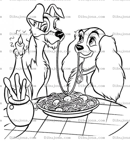Dibujo para colorear La Dama Y El Vagabundo Dibujo Del Vagabundo Y La Dama Comiendo Espagetis Juntos Para Pintar Y Colorear