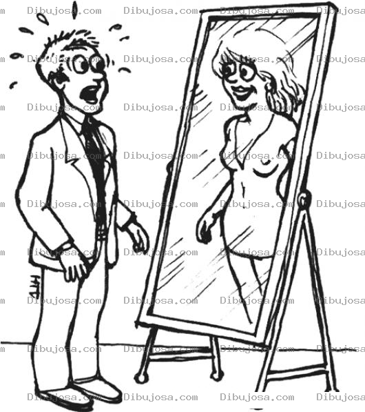 Dibujo para colorear Dibujo De hombre asustado porque se mira como mujer en el espejo