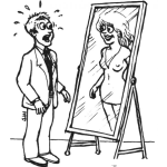 Dibujo para colorear Dibujo De hombre asustado porque se mira como mujer en el espejo