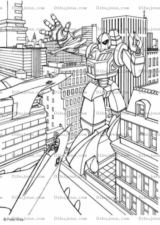 Dibujo para colorear Dibujo De Robot Gigante Peleando Con Aviones En La Ciudad Para Pintar Y Colorear