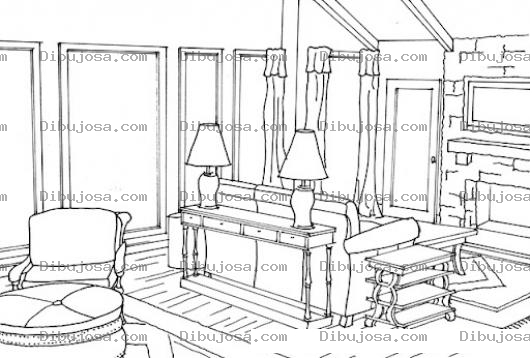 Dibujo para colorear Dibujo De Sala Con Dos Lamparas En Una Casa De Madera Para Pintar Y Colorear