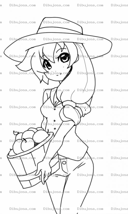 Dibujo para colorear Dibujo De Una Linda Granjerita Con Una Canasta De Manzanas Para Pintar Y Colorear Vequerita Con Manzanitas
