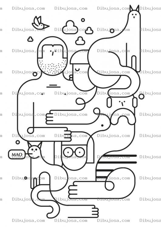 Dibujo para colorear Dibujo Abstracto De Una Familia Con Gatos Para Pintar Y Colorear