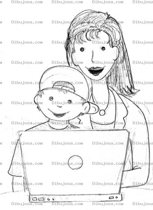 Dibujo para colorear Dibujo De Hijo Y Mama Con Laptop Para Pintar Y Colorear Internet A La Vista De Los Padres