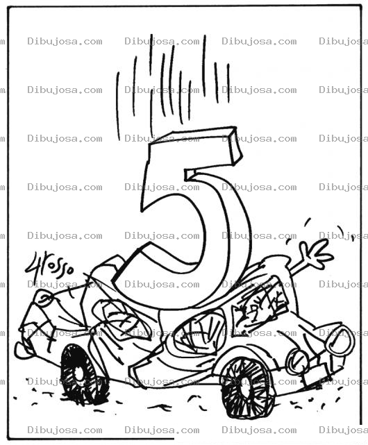 Dibujo para colorear Numero5 Dibujo Del Numero Cinco Cayendo Y Apachando Un Carro Para Pintar Y Colorear