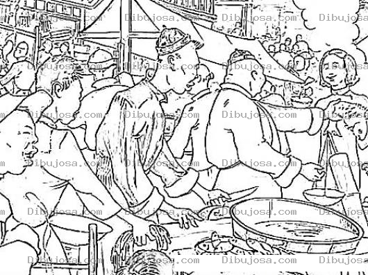 Dibujo para colorear Mercadochino Dibujo D Eun Mercado Chino Para Pintar Y Colorear Pescadores Vendiendo Pescado En Un Mercado De China