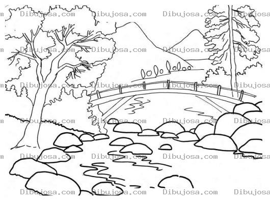 Dibujo para colorear Paisajes Dibujo De Un Paisaje Con Un Puente Sobre Un Rio Para Colorear