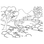 Dibujo para colorear Paisajes Dibujo De Un Paisaje Con Un Puente Sobre Un Rio Para Colorear