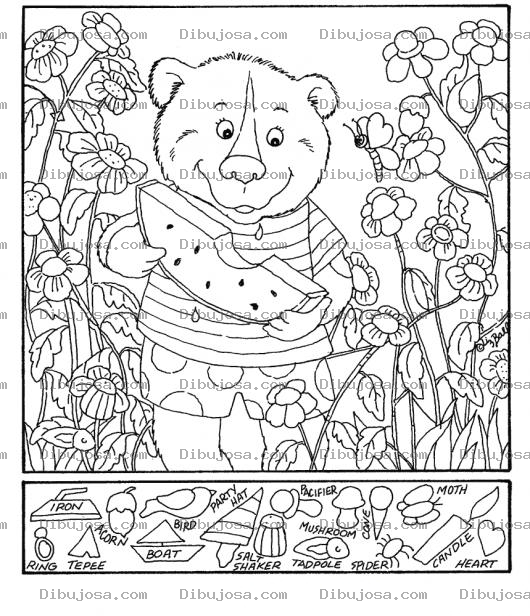 Dibujo para colorear Dibujos Escondidos Dibujo De Un Osito Sandillero Pero Tienes Que Encontrar Y Pintar Solo Los Objetos De Abajo