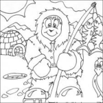 Dibujo para colorear Dibujo De Esquimal Pescador Para Colorear Esquimal Con Pesados Pinguino Y Su Iglu Al Fondo